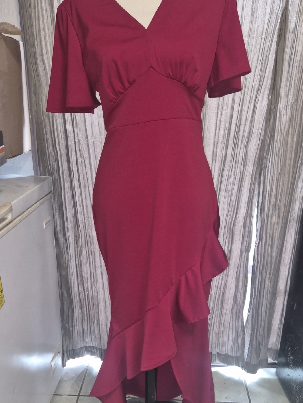 Grace Karin Burgundy High-Low Ruffle V-Neck Dress